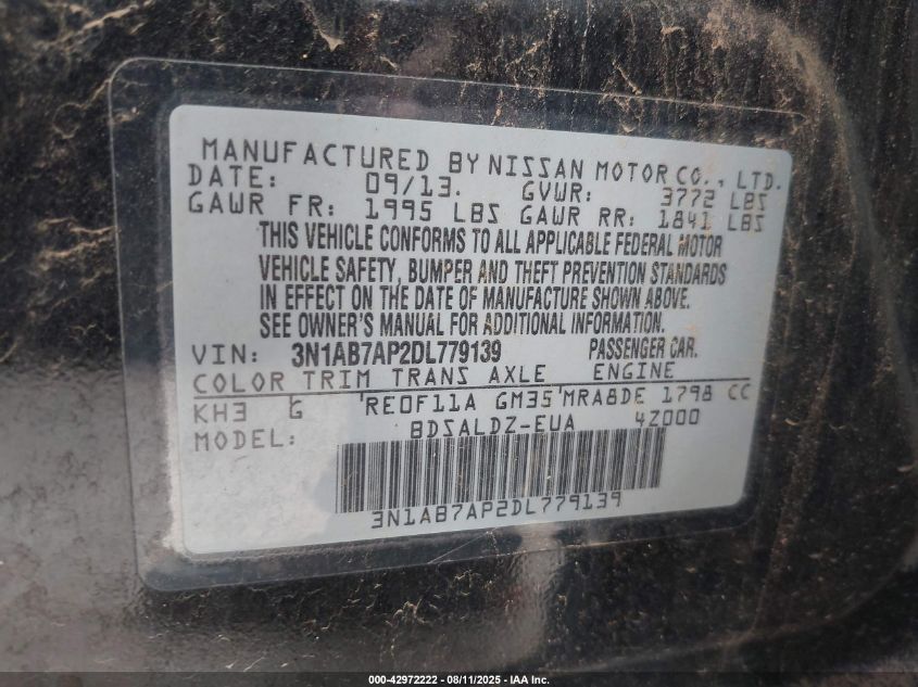 2013 Nissan Sentra Sv VIN: 3N1AB7AP2DL779139 Lot: 42972222