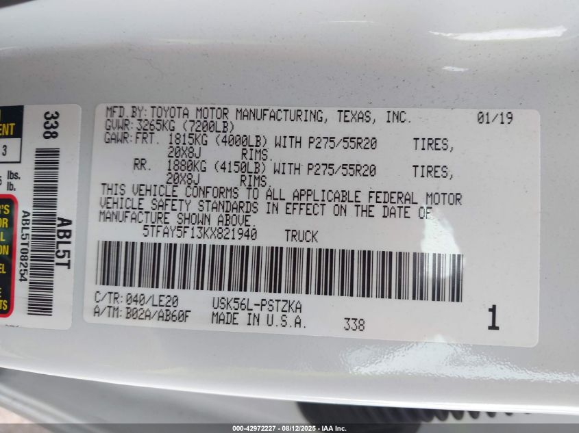 2019 Toyota Tundra 1794 5.7L V8/Limited 5.7L V8/Platinum 5.7L V8/Sr5 5.7L V8/Trd Pro 5.7L V8 VIN: 5TFHY5F15KX821940 Lot: 42972227