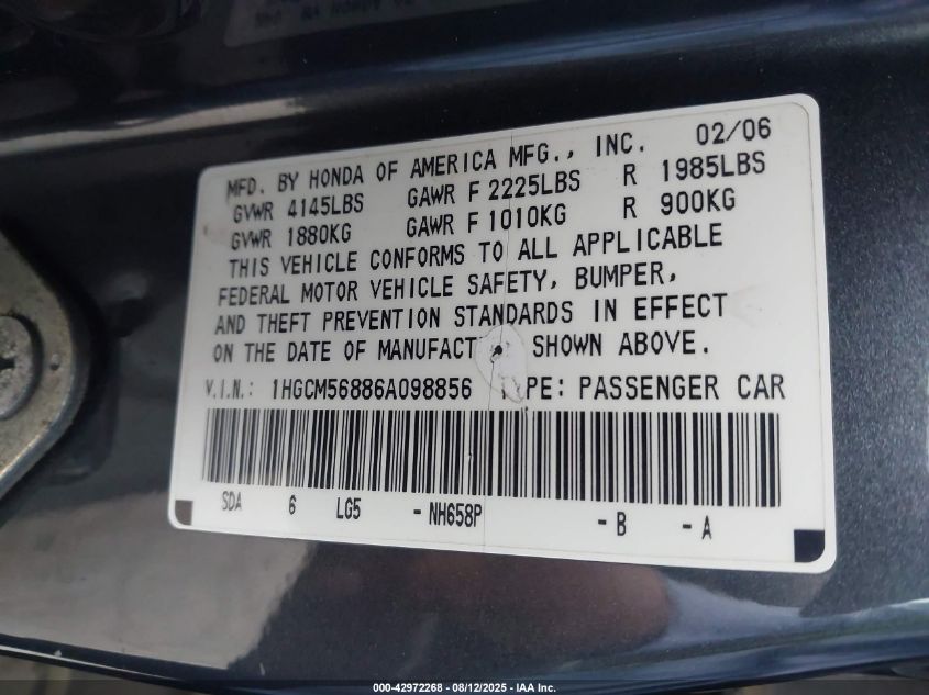 2006 Honda Accord 2.4 Ex VIN: 1HGCM56886A098856 Lot: 42972268