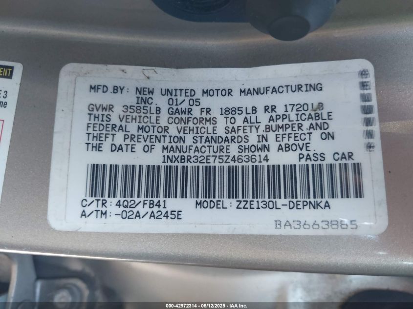 2005 Toyota Corolla Le VIN: 1NXBR32E75Z463614 Lot: 42972314