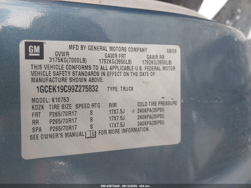 2009 Chevrolet Silverado 1500 Work Truck VIN: 1GCEK19C99Z275832 Lot: 42972445