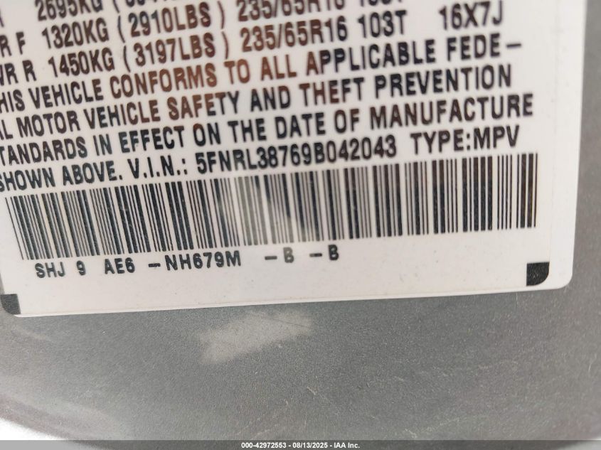 2009 Honda Odyssey Ex-L VIN: 5FNRL38769B042043 Lot: 42972553