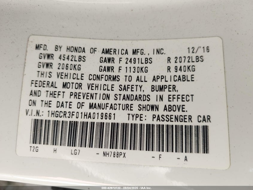 1HGCR3F01HA019661 2017 HONDA ACCORD photo no. 9