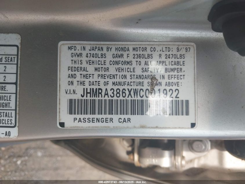 1998 Honda Odyssey Ex/Lx VIN: JHMRA386XWC001922 Lot: 42972743