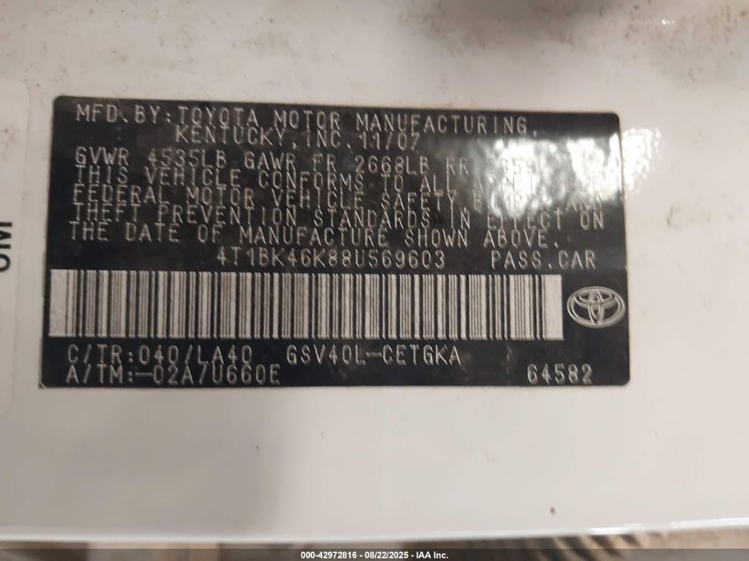 2008 Toyota Camry Xle V6 VIN: 4T1BK46K88U569603 Lot: 42972816