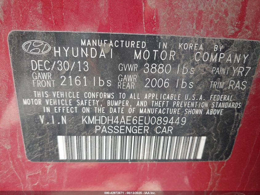 2014 Hyundai Elantra Se VIN: KMHDH4AE6EU089449 Lot: 42972871