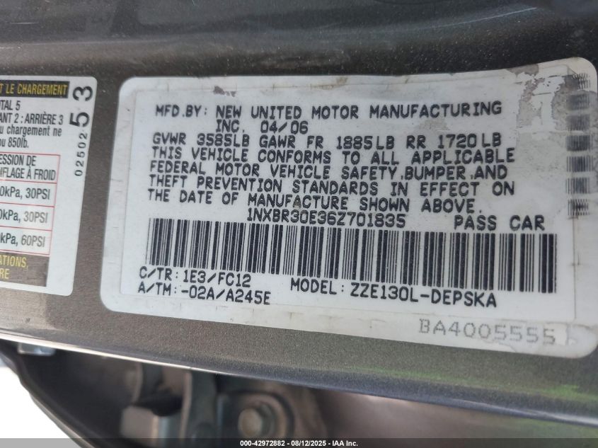 2006 Toyota Corolla S VIN: 1NXBR30E36Z701835 Lot: 42972882