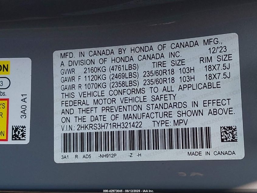 2024 Honda Cr-V Ex-L 2Wd VIN: 2HKRS3H71RH321422 Lot: 42973045