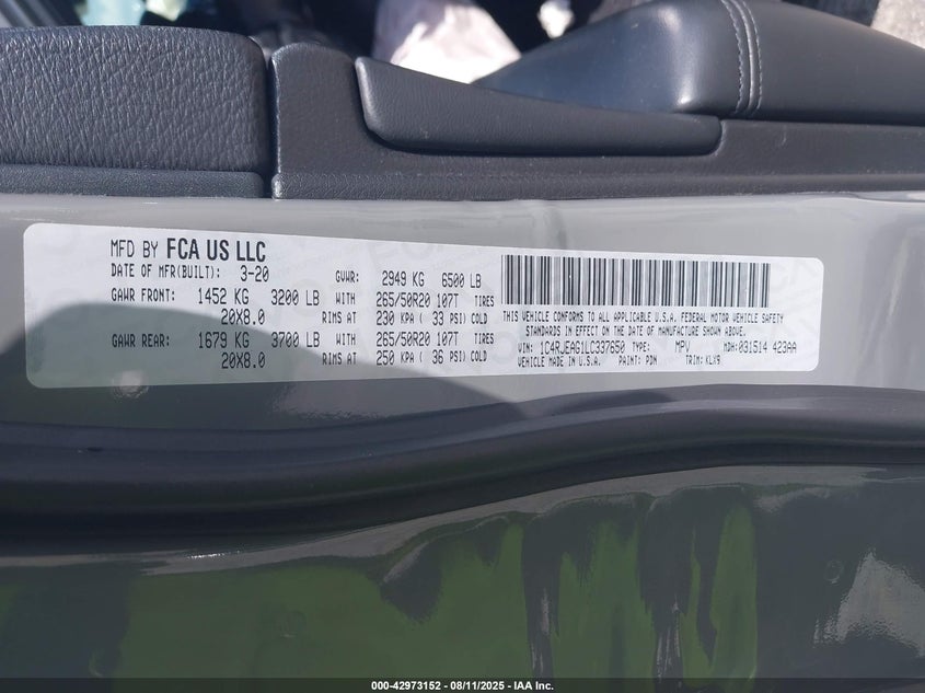 2020 Jeep Grand Cherokee Altitude 4X2 VIN: 1C4RJEAG1LC337650 Lot: 42973152