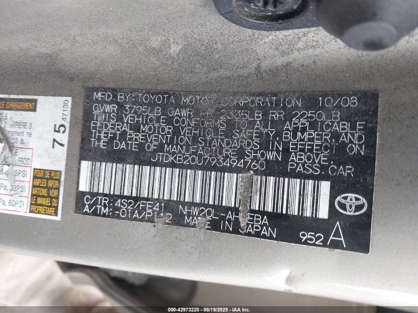 2009 Toyota Prius VIN: JTDKB20U793494760 Lot: 42973220