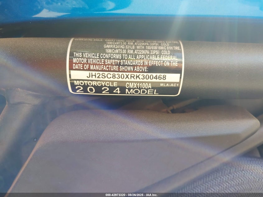 2024 Honda Cmx1100 A VIN: JH2SC830XRK300468 Lot: 42973320