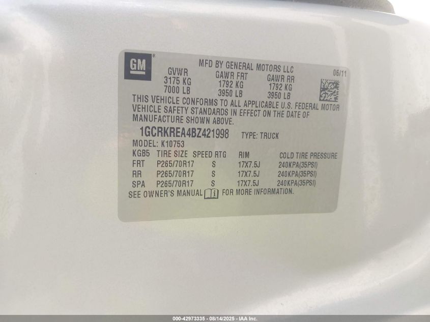2011 Chevrolet Silverado 1500 Ls VIN: 1GCRKREA4BZ421998 Lot: 42973335