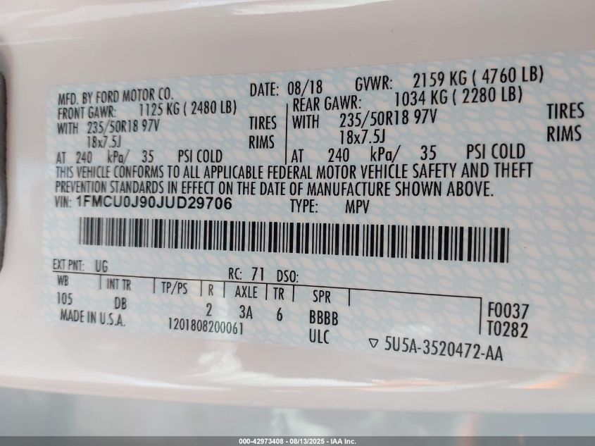 2018 Ford Escape Titanium VIN: 1FMCU0J90JUD29706 Lot: 42973408