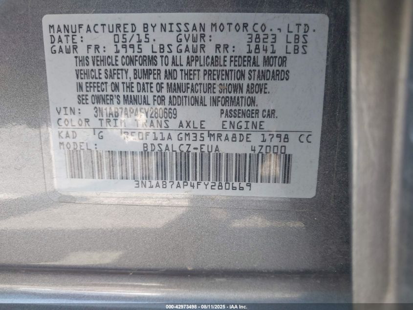 2015 Nissan Sentra S VIN: 3N1AB7AP4FY280669 Lot: 42973498