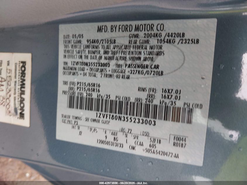 2005 Ford Mustang V6 Deluxe/V6 Premium VIN: 1ZVFT80N355233003 Lot: 42973556