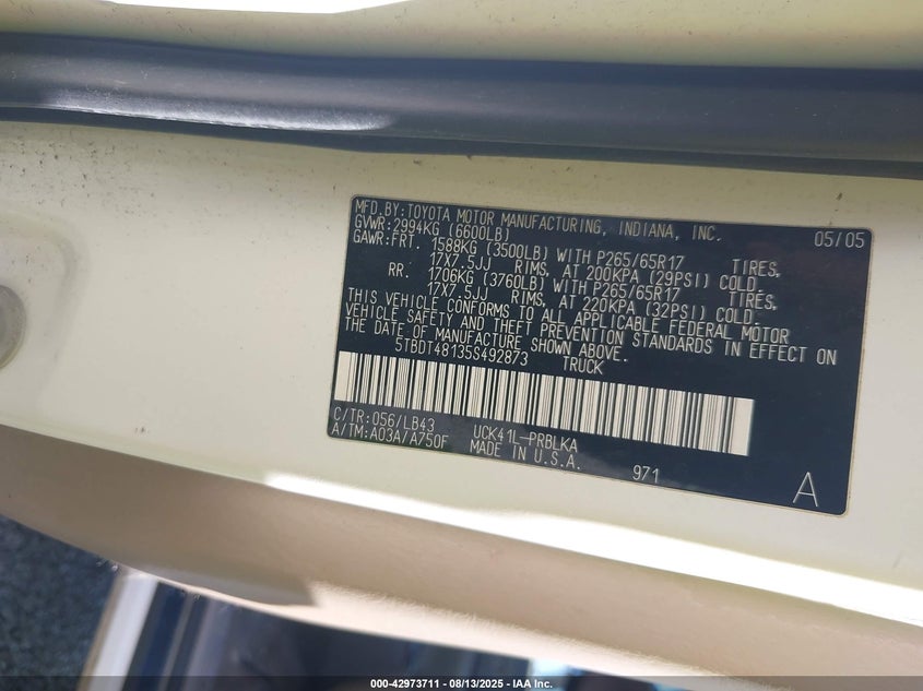 5TBDT48135S492873 2005 TOYOTA TUNDRA photo no. 9