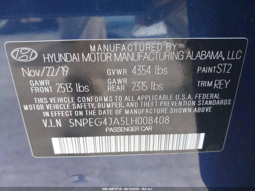 2020 Hyundai Sonata Se VIN: 5NPEG4JA5LH008408 Lot: 42973716