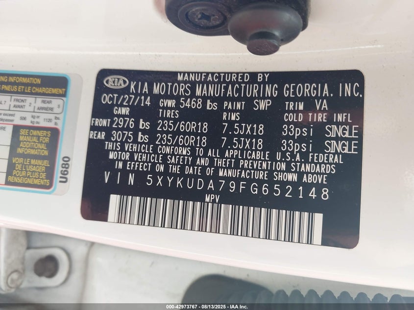 2015 Kia Sorento Ex V6 VIN: 5XYKUDA79FG652148 Lot: 42973767