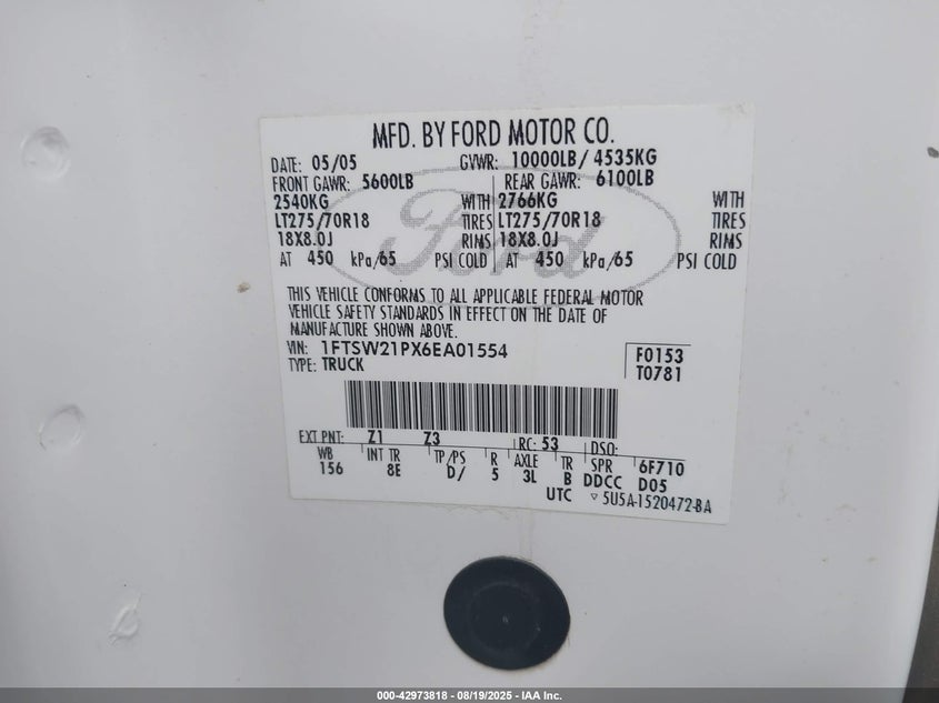 2006 Ford F-250 Lariat/Xl/Xlt VIN: 1FTSW21PX6EA01554 Lot: 42973818
