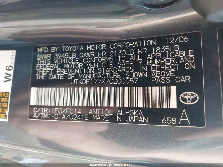 2007 Scion Tc VIN: JTKDE177X70200057 Lot: 42973932