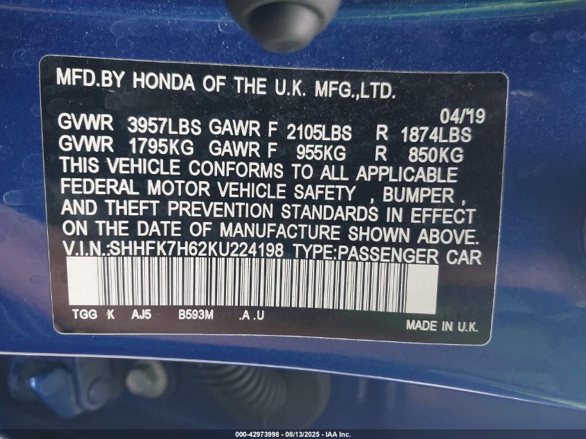 2019 Honda Civic Ex VIN: SHHFK7H62KU224198 Lot: 42973998