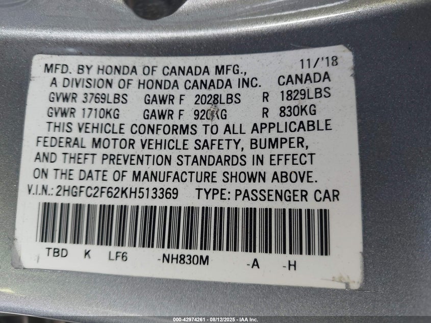 2019 Honda Civic 2.0 LX Silver Lot 111042974261 Vin 2HGFC2F62KH513369