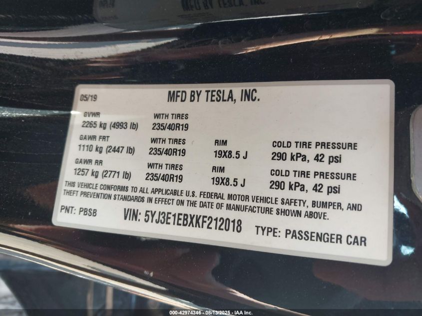 2019 Tesla Model 3 Long Range/Performance VIN: 5YJ3E1EBXKF212018 Lot: 42974346