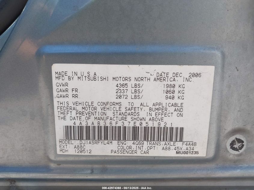 2007 Mitsubishi Galant Es/Se VIN: 4A3AB36F37E051921 Lot: 42974368