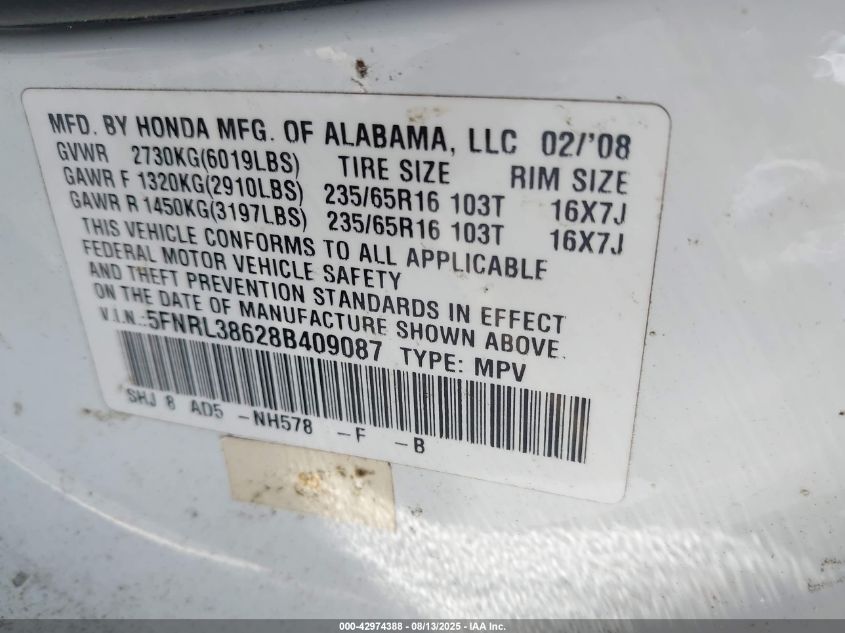 2008 Honda Odyssey Ex-L VIN: 5FNRL38628B409087 Lot: 42974388
