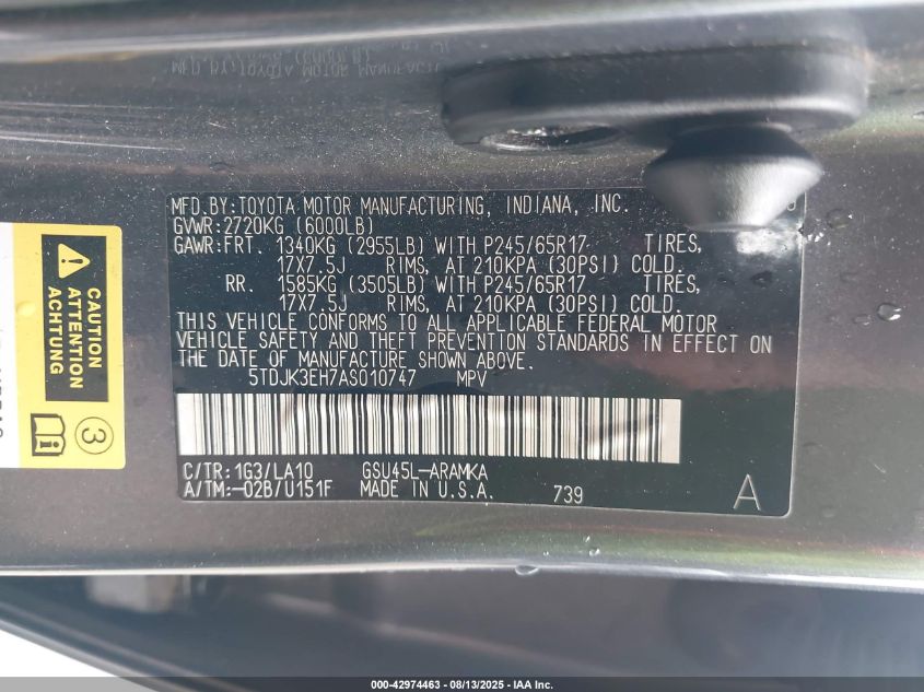 2010 Toyota Highlander Se V6 VIN: 5TDJK3EH7AS010747 Lot: 43431090