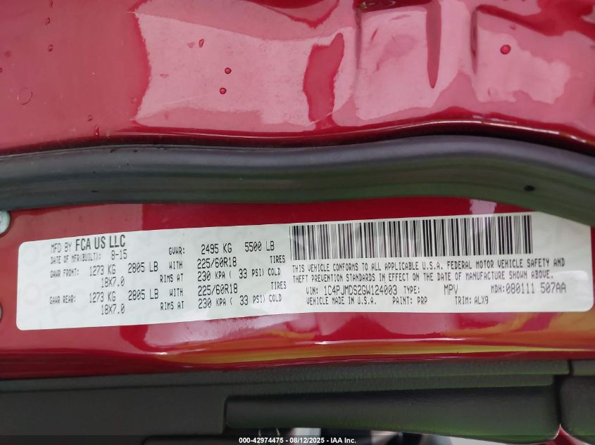 2016 Jeep Cherokee Limited VIN: 1C4PJMDS2GW124003 Lot: 42974475