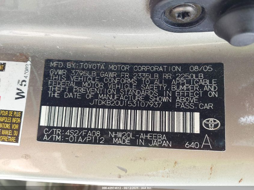 2005 Toyota Prius VIN: JTDKB20U153107937 Lot: 42974512