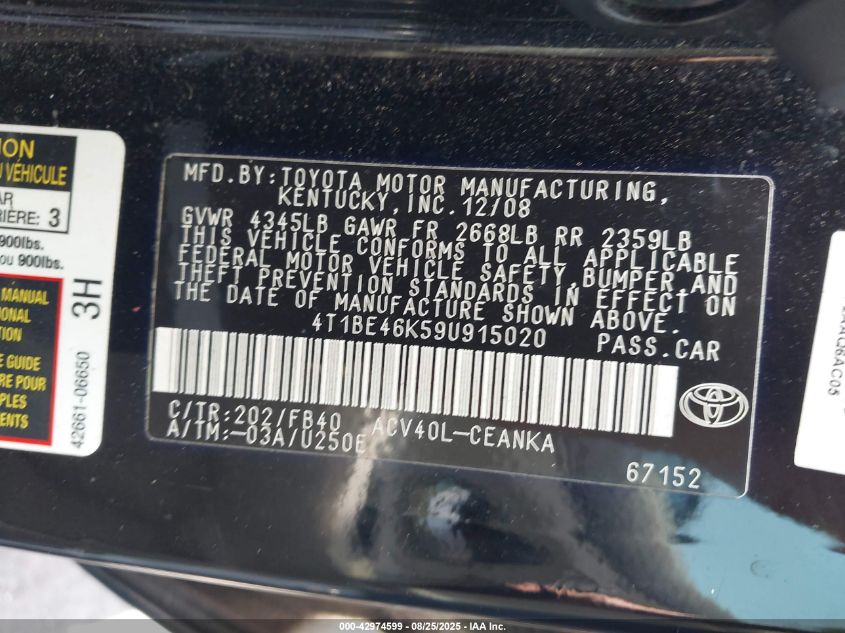 2009 Toyota Camry VIN: 4T1BE46K59U915020 Lot: 42974599
