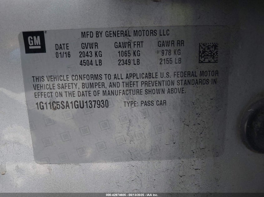 2016 CHEVROLET MALIBU LIMITED LT 1G11C5SA1GU137930