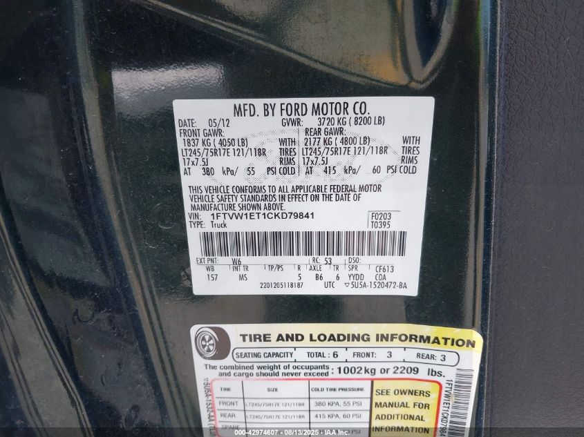 2012 Ford F-150 Xlt VIN: 1FTVW1ET1CKD79841 Lot: 42974607