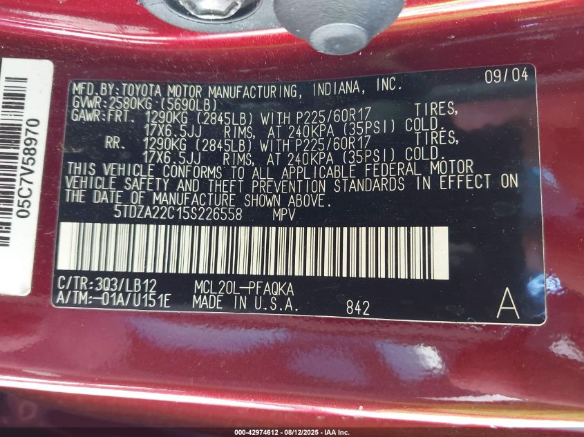 2005 Toyota Sienna Xle Limited VIN: 5TDZA22C15S226558 Lot: 42974612