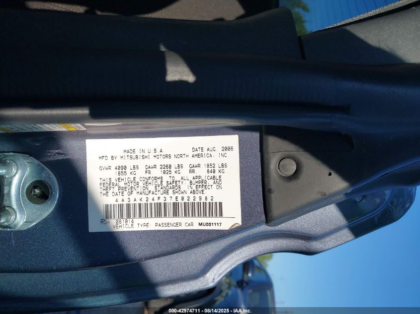 2007 Mitsubishi Eclipse Gs VIN: 4A3AK24F37E022982 Lot: 42974711