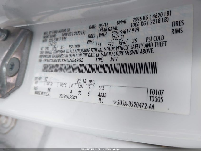 2017 Ford Escape Se VIN: 1FMCU0GDXHUA54965 Lot: 42974801