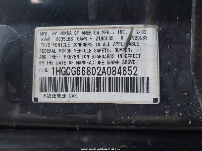 2002 Honda Accord VIN: 1HGCG66802A084652 Lot: 42974813