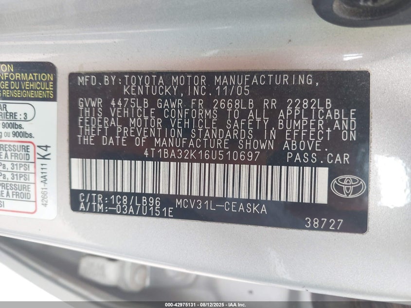 2006 Toyota Camry Se V6 VIN: 4T1BA32K16U510697 Lot: 42975131