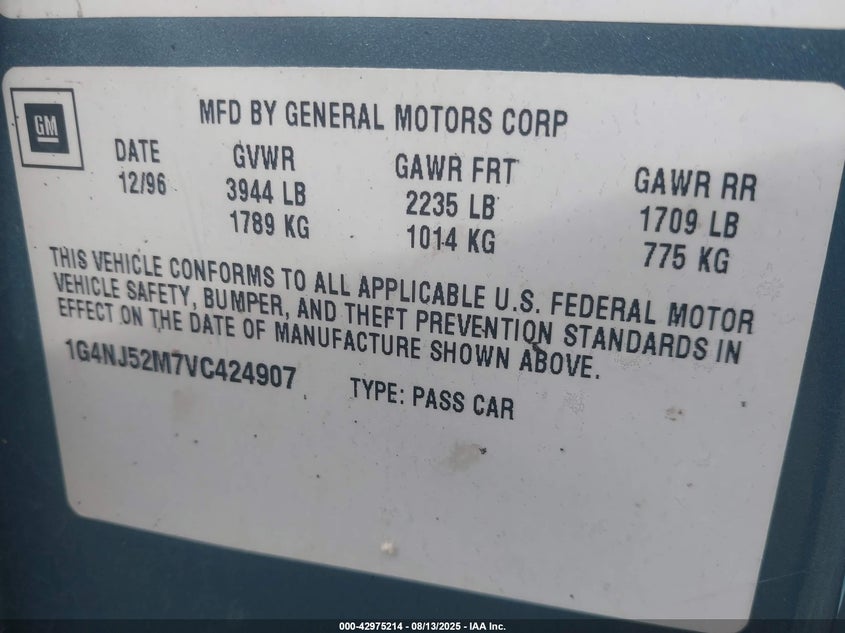1997 Buick Skylark Custom VIN: 1G4NJ52M7VC424907 Lot: 42975214