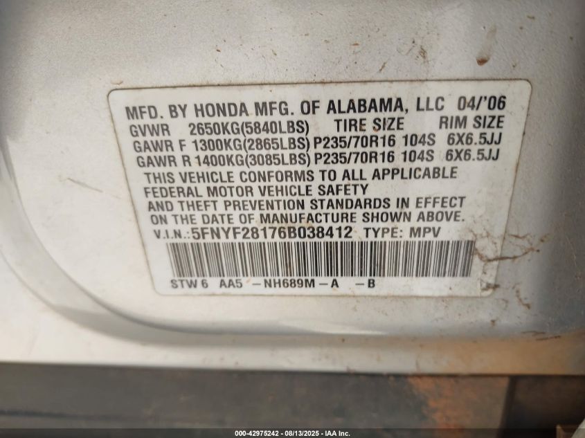 2006 Honda Pilot Lx VIN: 5FNYF28176B038412 Lot: 42975242
