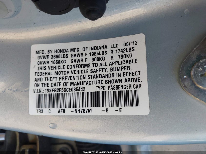 2012 Honda Civic Lx VIN: 19XFB2F56CE085442 Lot: 42975325