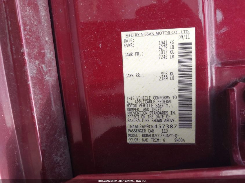 2012 Nissan Altima 2.5 S VIN: 1N4AL2AP9CN457387 Lot: 42975362