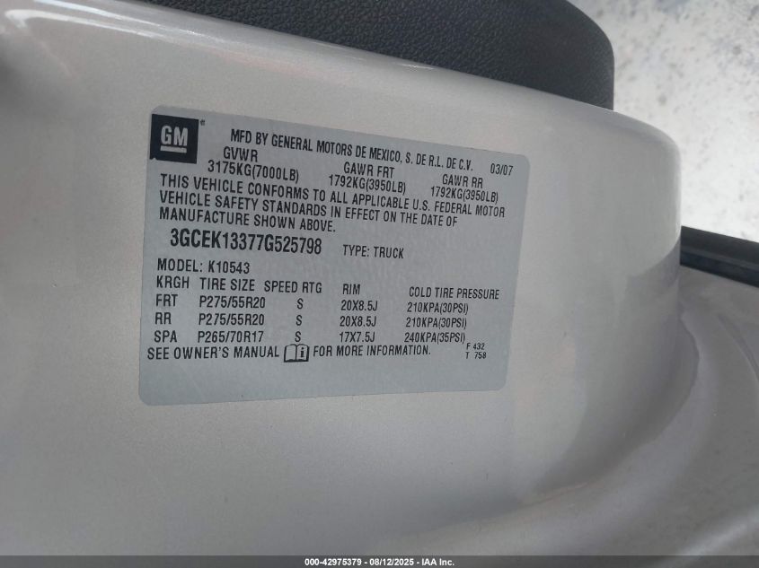 2007 Chevrolet Silverado 1500 Ltz VIN: 3GCEK13377G525798 Lot: 42975379