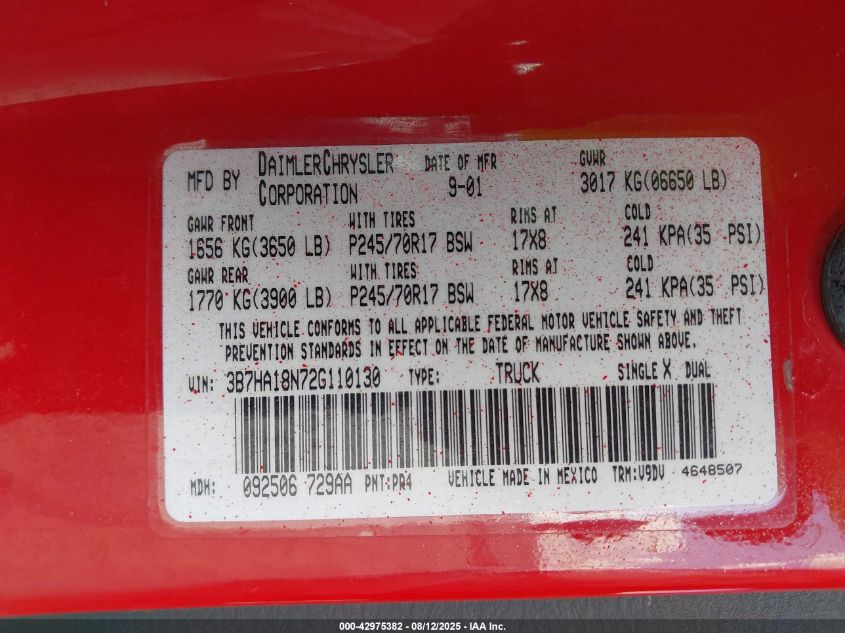 2002 Dodge Ram 1500 St VIN: 3B7HA18N72G110130 Lot: 42975382
