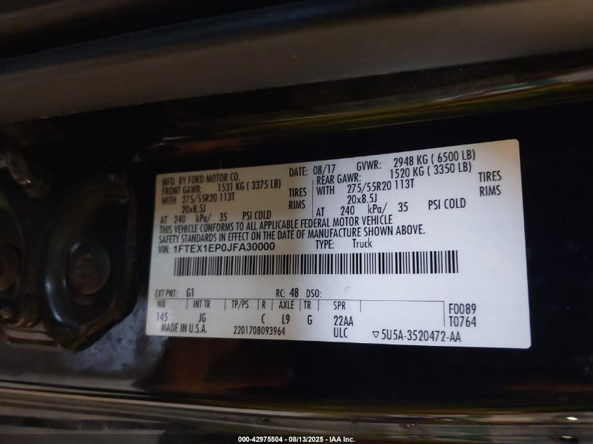 2018 Ford F-150 Xl VIN: 1FTEX1EP0JFA30000 Lot: 42975504