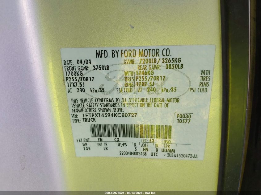2004 Ford F-150 Fx4/Lariat/Xl/Xlt VIN: 1FTPX14594KC80727 Lot: 42975521
