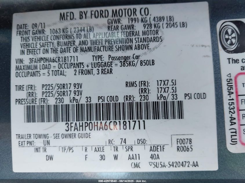 2012 Ford Fusion Se VIN: 3FAHP0HA6CR181711 Lot: 42975540