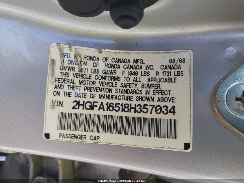 2008 Honda Civic Lx VIN: 2HGFA16518H357034 Lot: 42975549